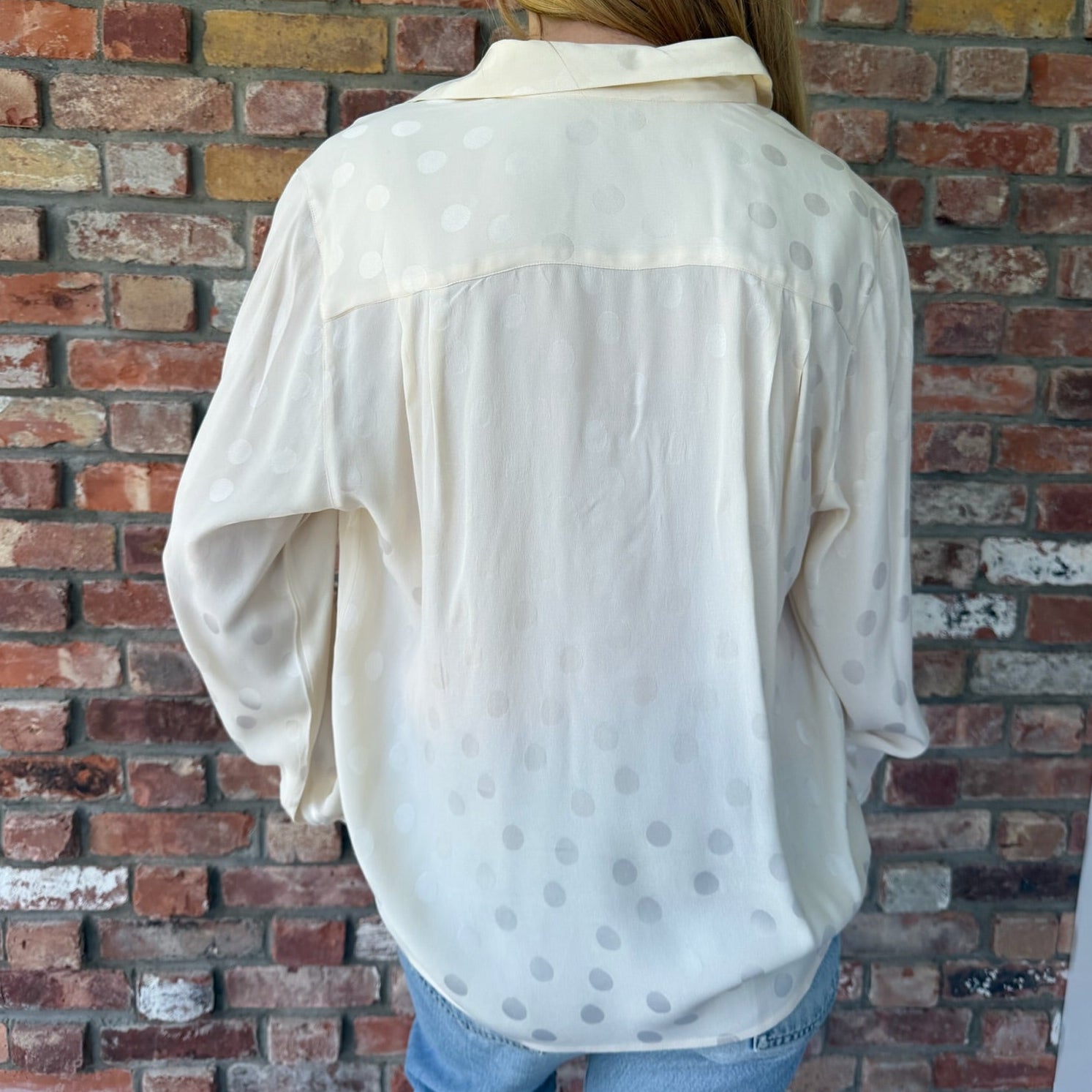 1980s Ivory Silk Blouse with Jacquard Polka Dot Pattern