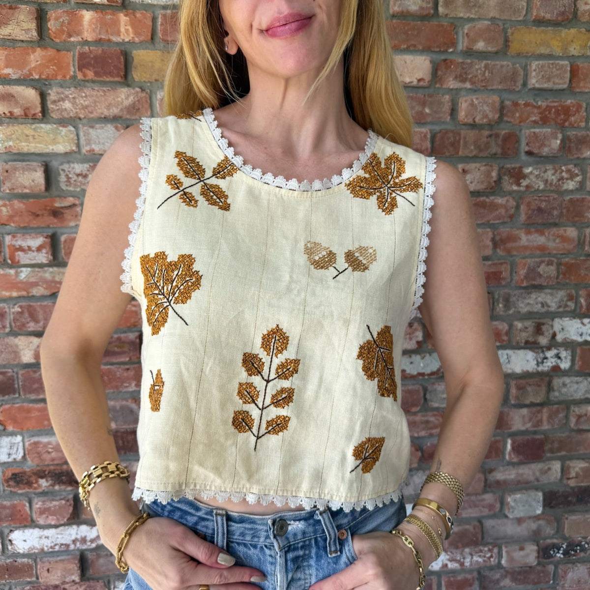 Upcycled Ivory Leaf Embroidered Tank by Casa Grace
