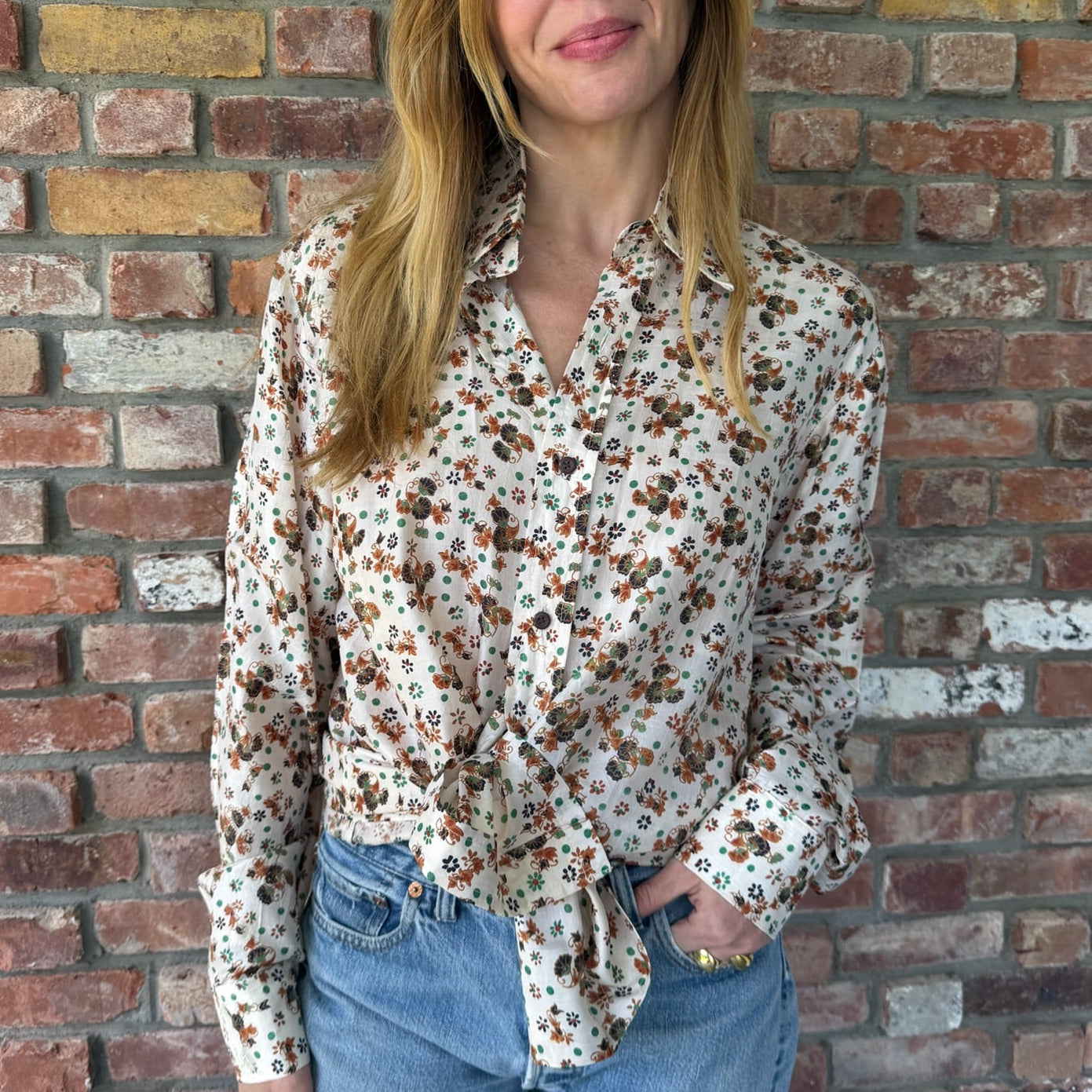 1970s Cream Silk Blouse with Indian Inspired Pattern