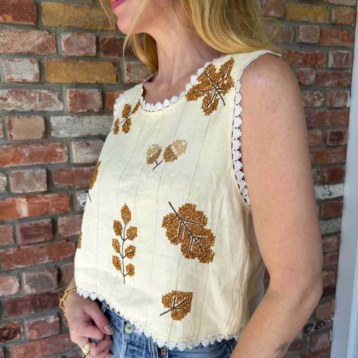 Upcycled Ivory Leaf Embroidered Tank by Casa Grace