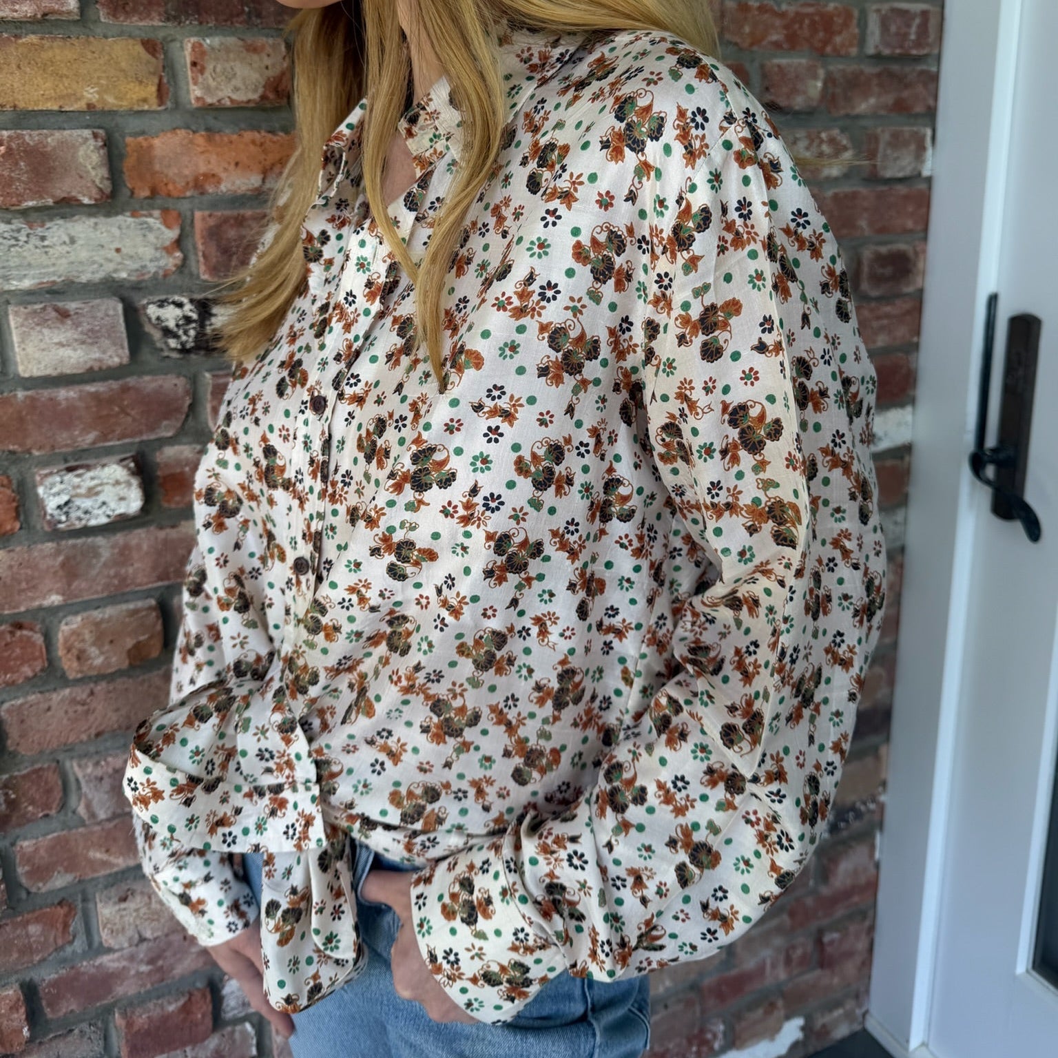 1970s Cream Silk Blouse with Indian Inspired Pattern