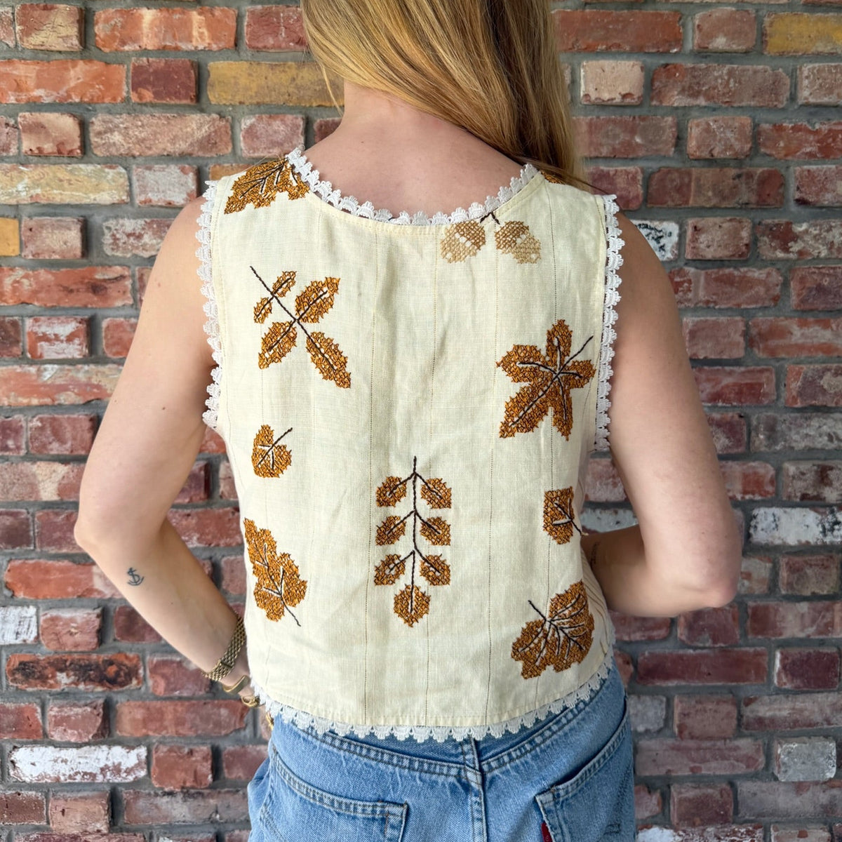 Upcycled Ivory Leaf Embroidered Tank by Casa Grace