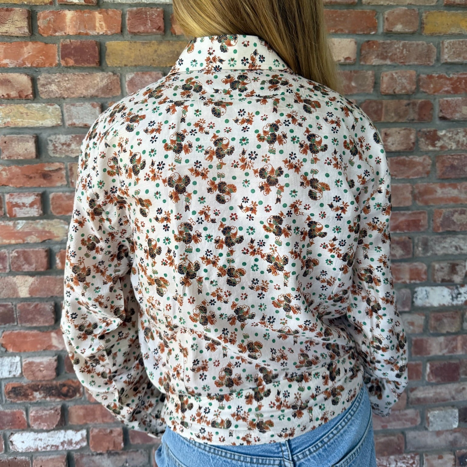 1970s Cream Silk Blouse with Indian Inspired Pattern