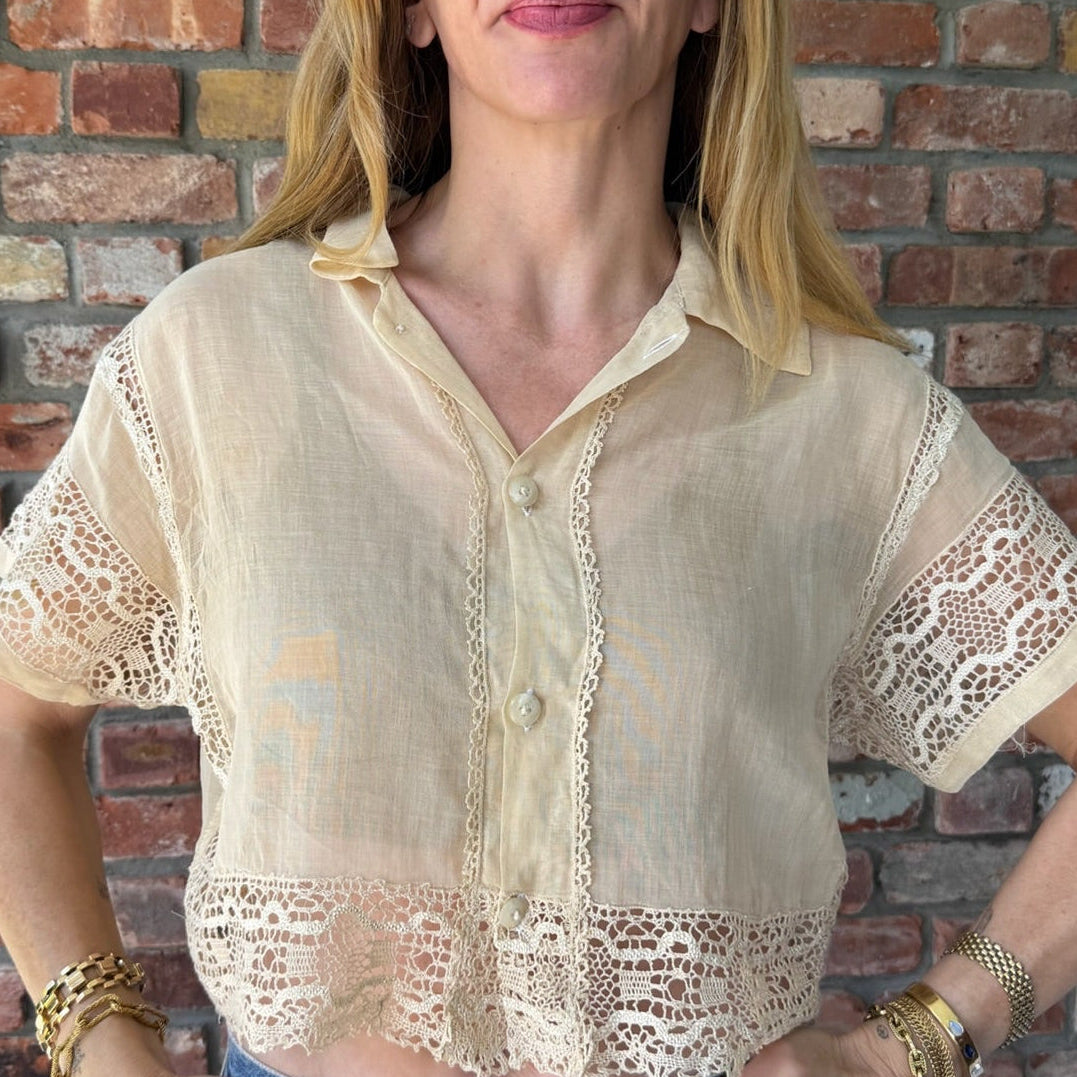 Upcycled Ivory Sheer Silk Button Down with Lace by Casa Grace