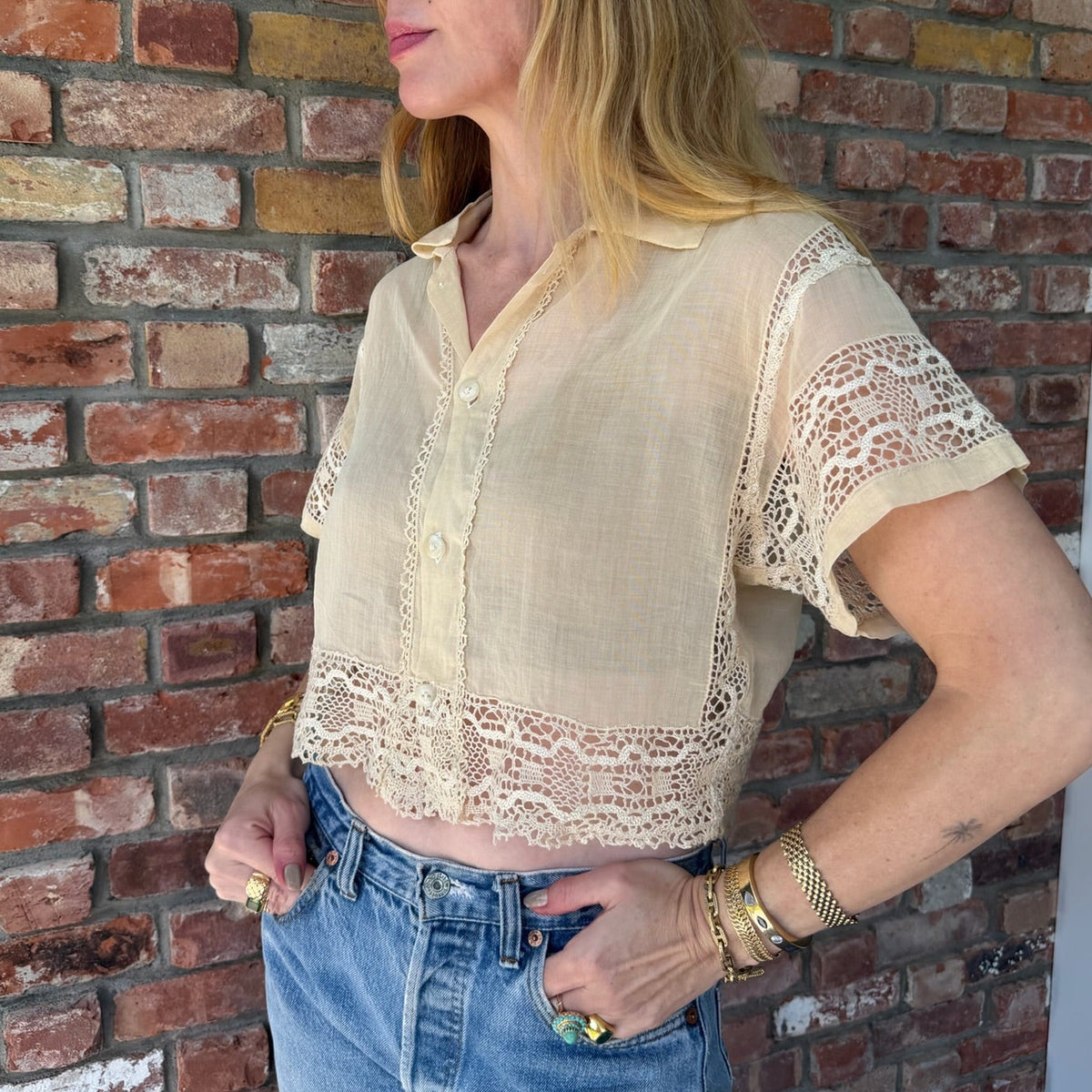 Upcycled Ivory Sheer Silk Button Down with Lace by Casa Grace