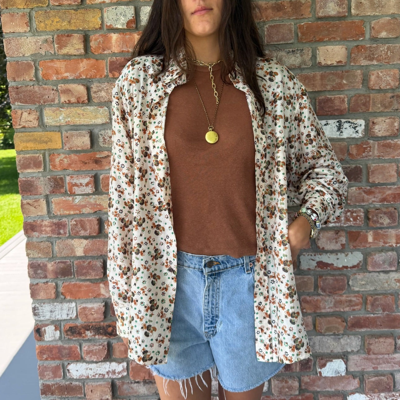 1970s Cream Silk Blouse with Indian Inspired Pattern
