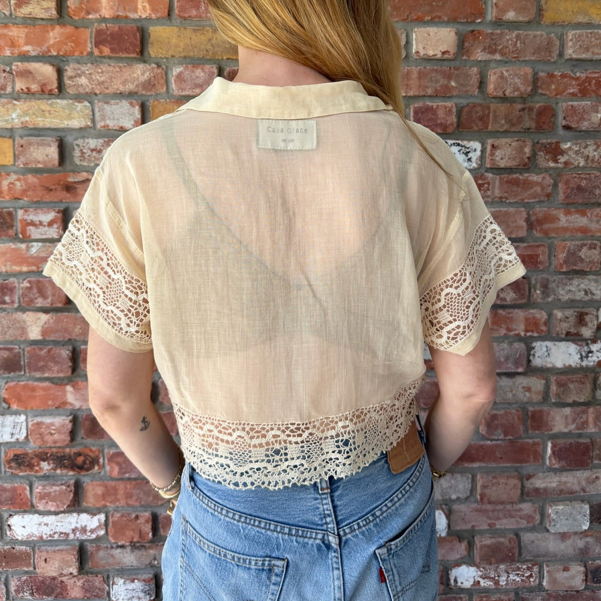 Upcycled Ivory Sheer Silk Button Down with Lace by Casa Grace