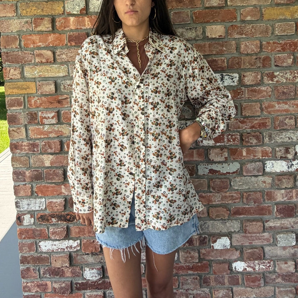 1970s Cream Silk Blouse with Indian Inspired Pattern