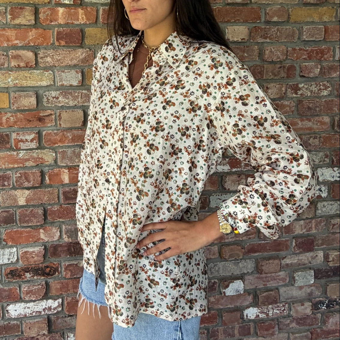 1970s Cream Silk Blouse with Indian Inspired Pattern