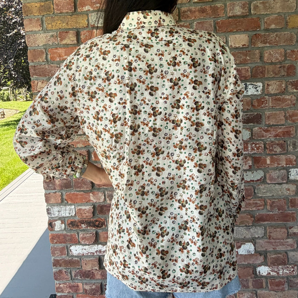 1970s Cream Silk Blouse with Indian Inspired Pattern