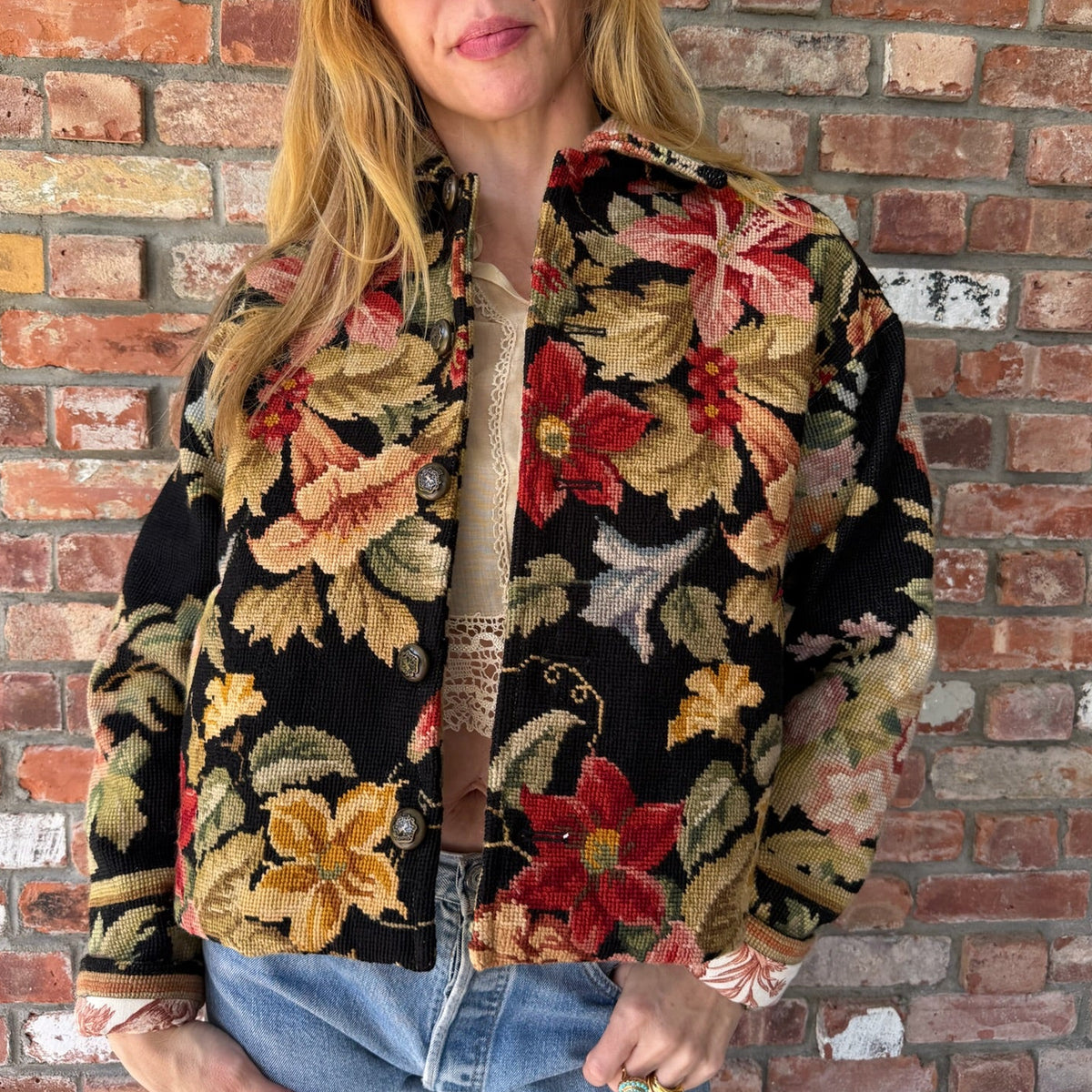 Upcycled French Needlepoint Jacket by Casa Grace