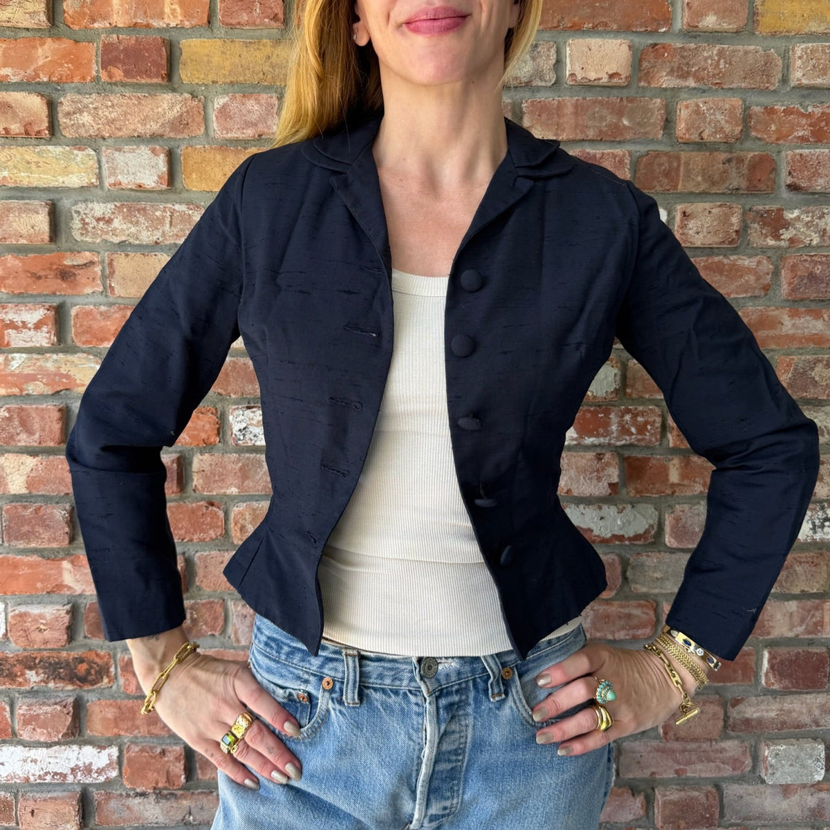 1960s Navy Silk Shantung Fitted Jacket