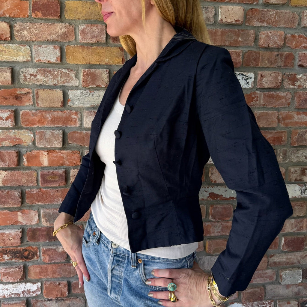 1960s Navy Silk Shantung Fitted Jacket