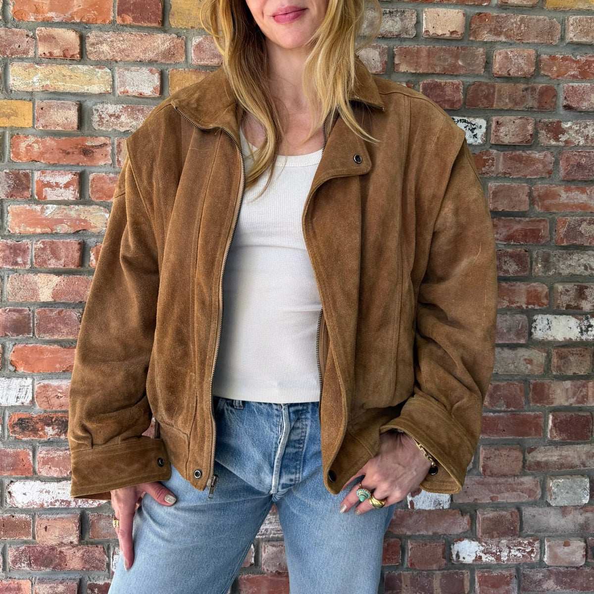 1990s Cognac Suede Leather Oversized Bomber Jacket