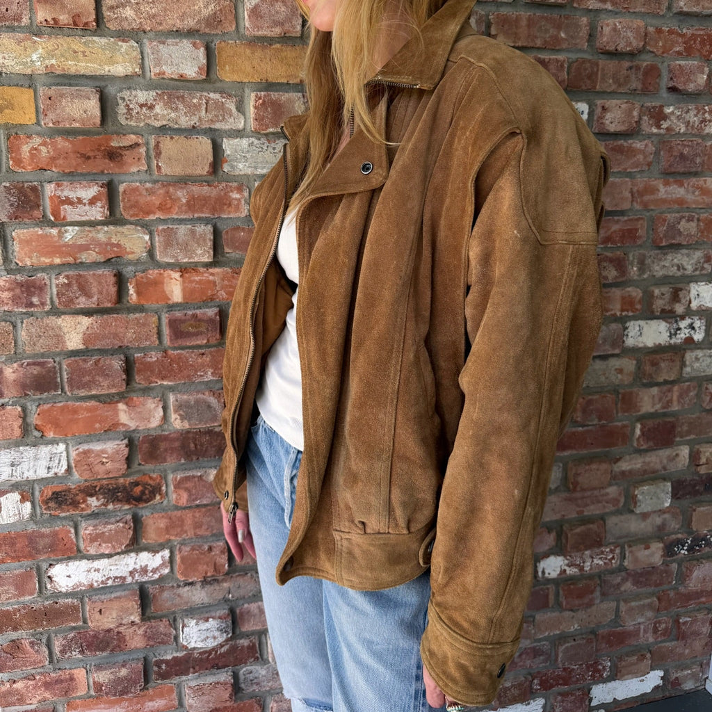 1990s Cognac Suede Leather Oversized Bomber Jacket