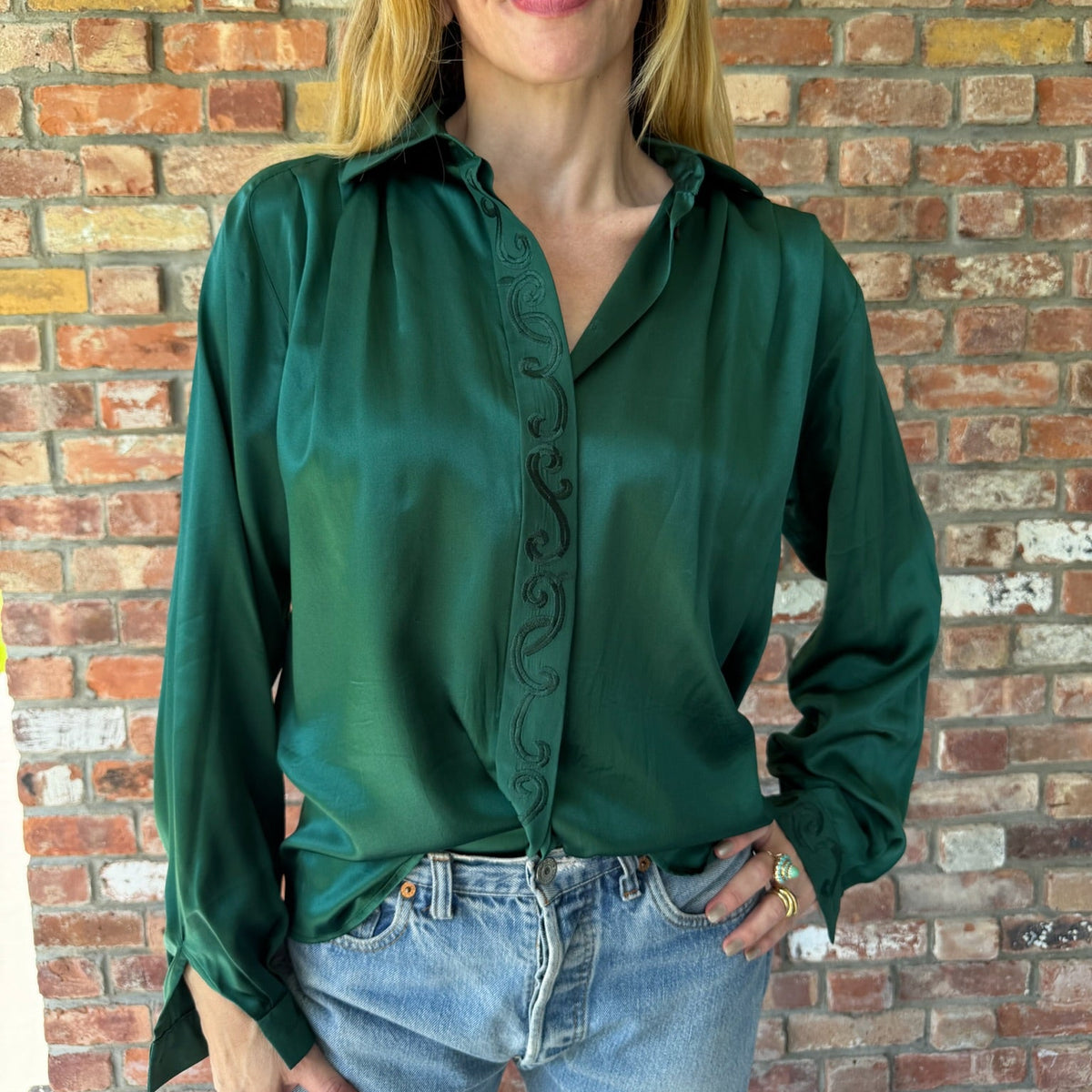 1990s Emerald Green Silk Blouse