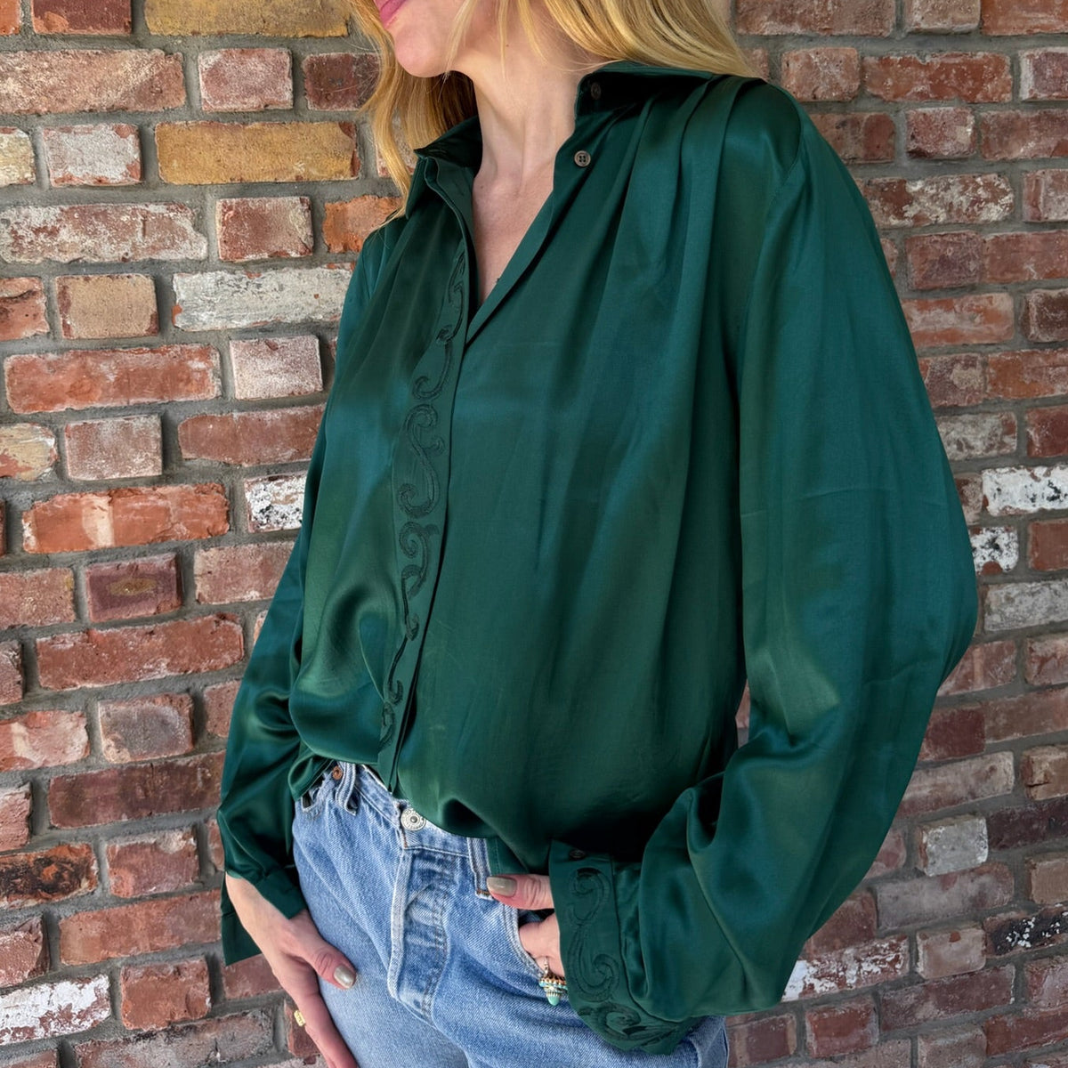 1990s Emerald Green Silk Blouse