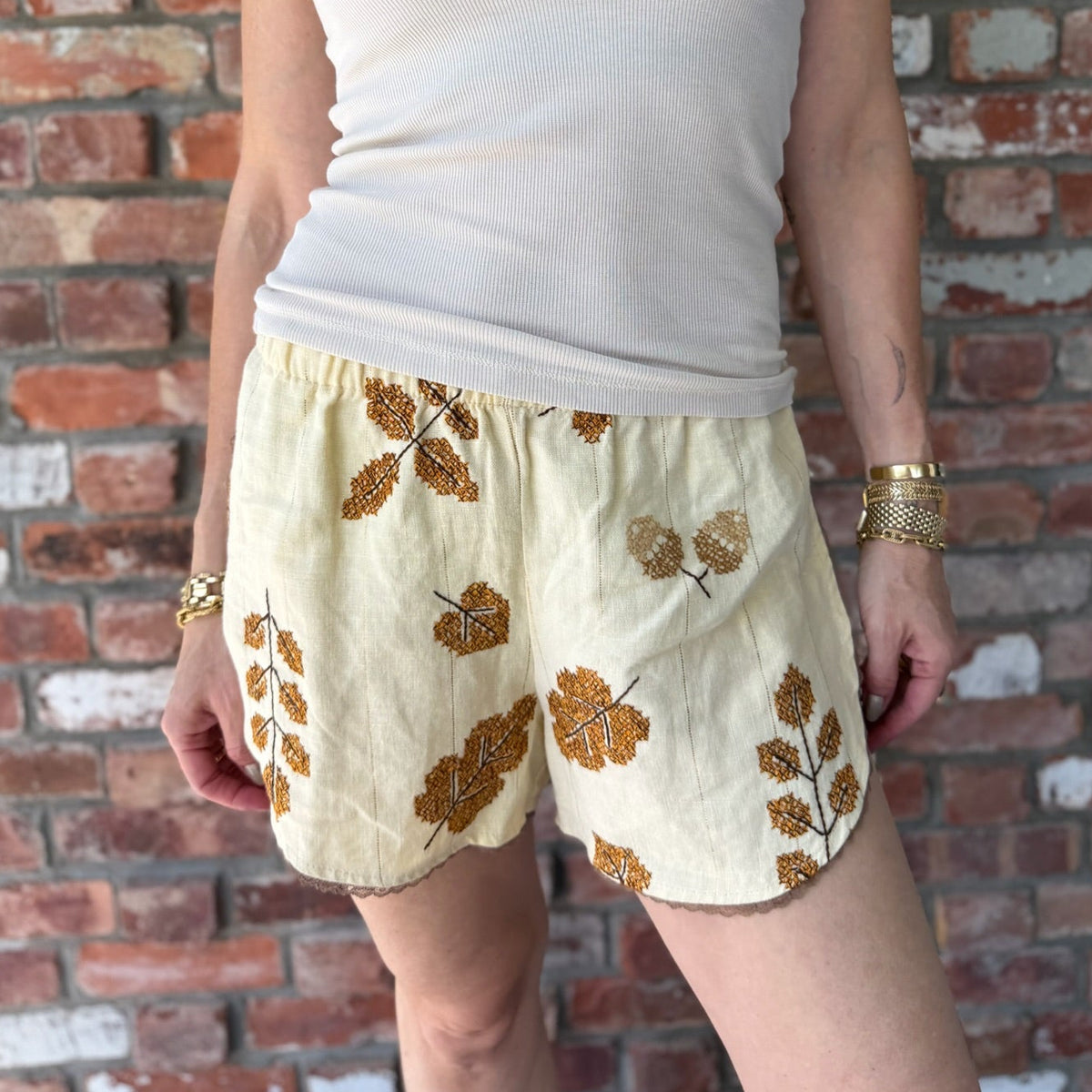 Upcycled Ivory Leaf Embroidered Shorts by Casa Grace
