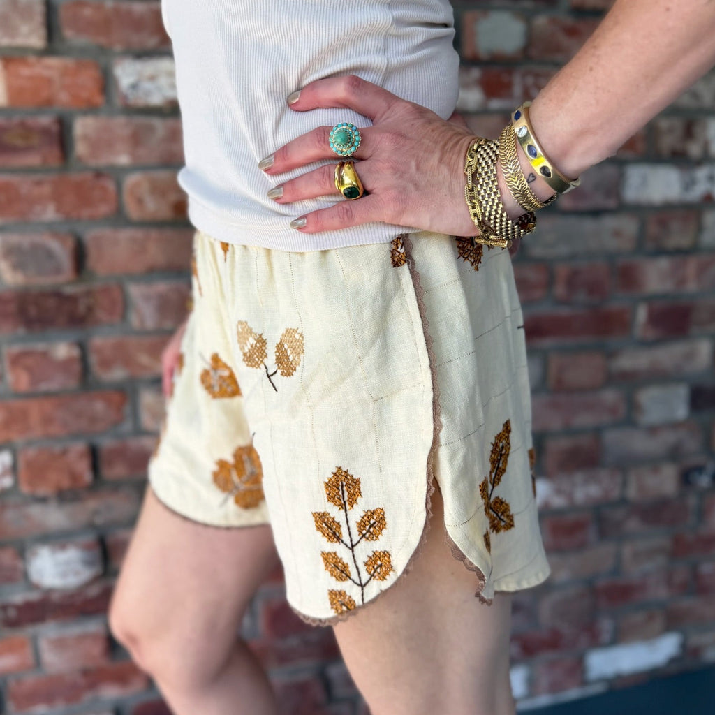 Upcycled Ivory Leaf Embroidered Shorts by Casa Grace