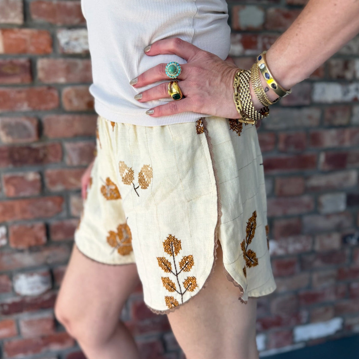 Upcycled Ivory Leaf Embroidered Shorts by Casa Grace
