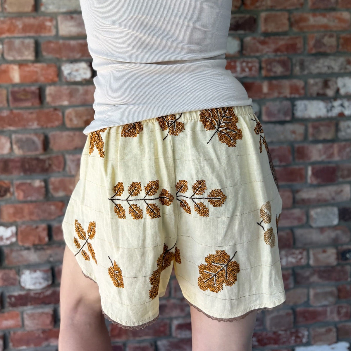 Upcycled Ivory Leaf Embroidered Shorts by Casa Grace