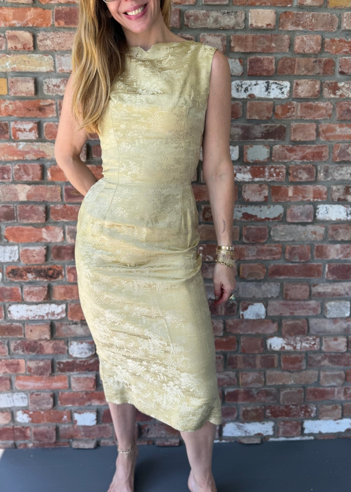 1950s-1960s Gold Asian Brocade Cocktail Dress