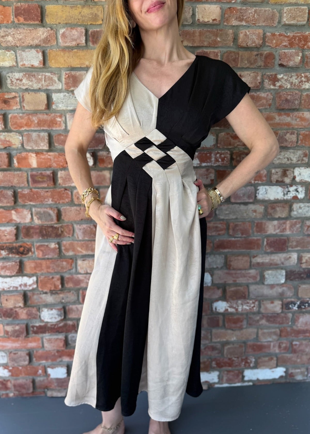 1980s - 1990s Art Deco Black Ivory Colorblock Maxi Dress