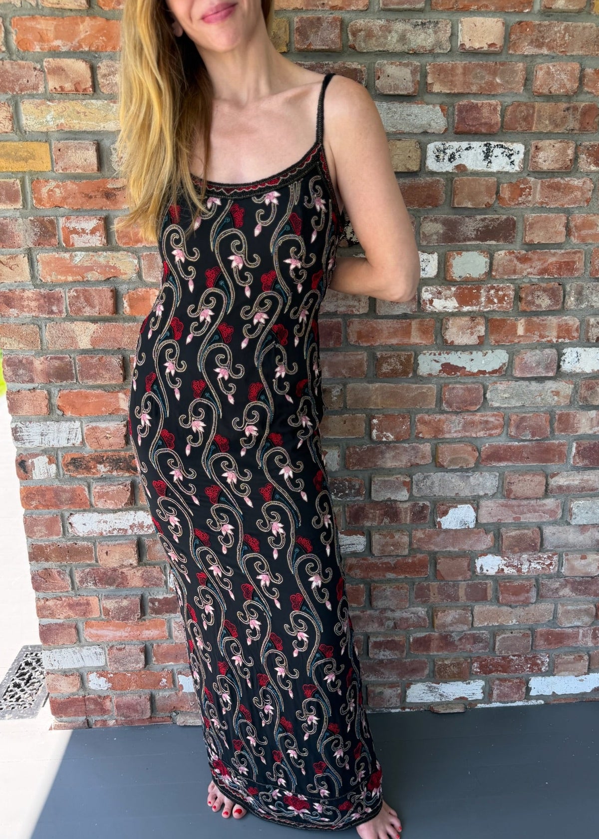 1990s Black Embroidered Floral Beaded Maxi Slip Dress
