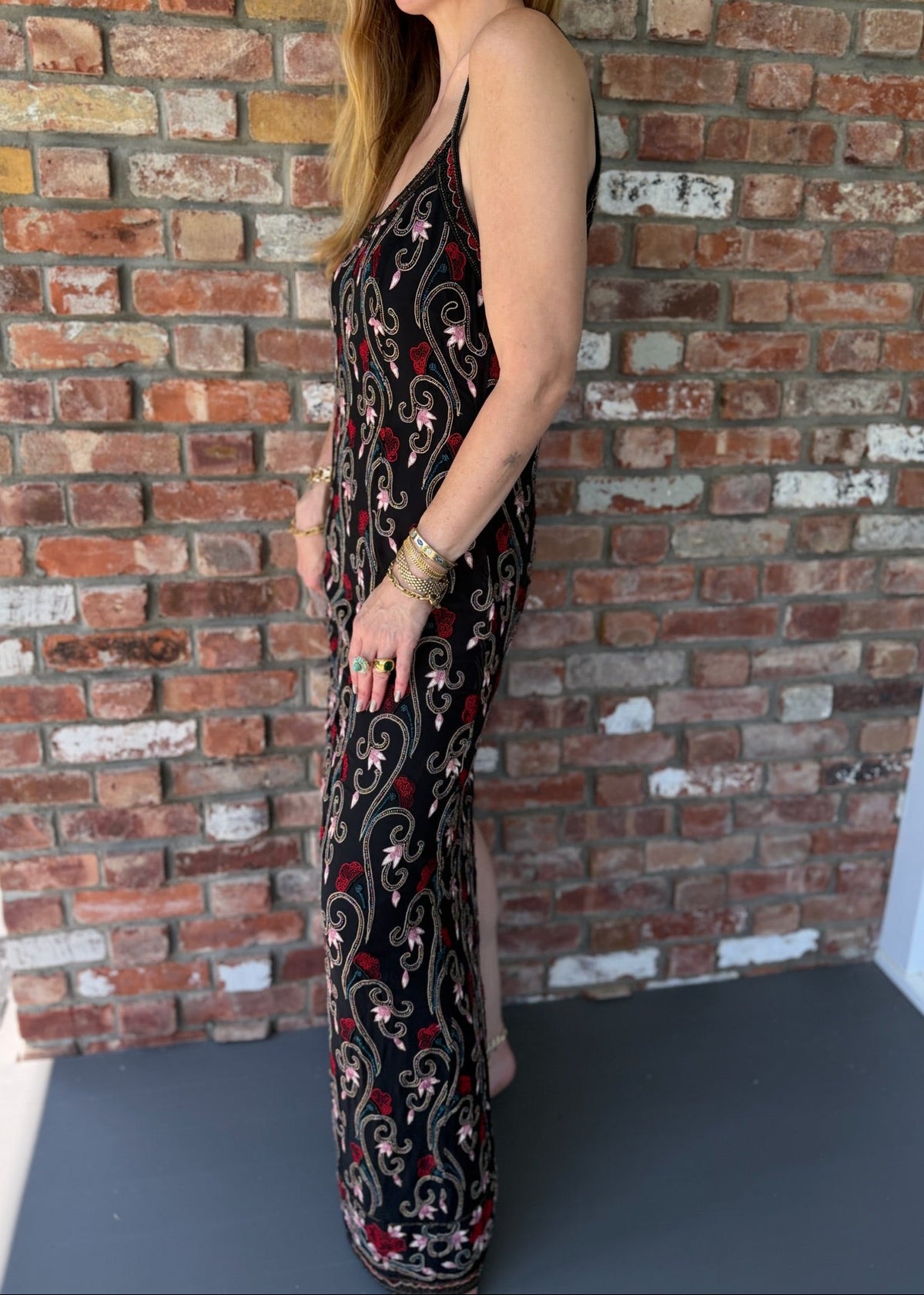 1990s Black Embroidered Floral Beaded Maxi Slip Dress
