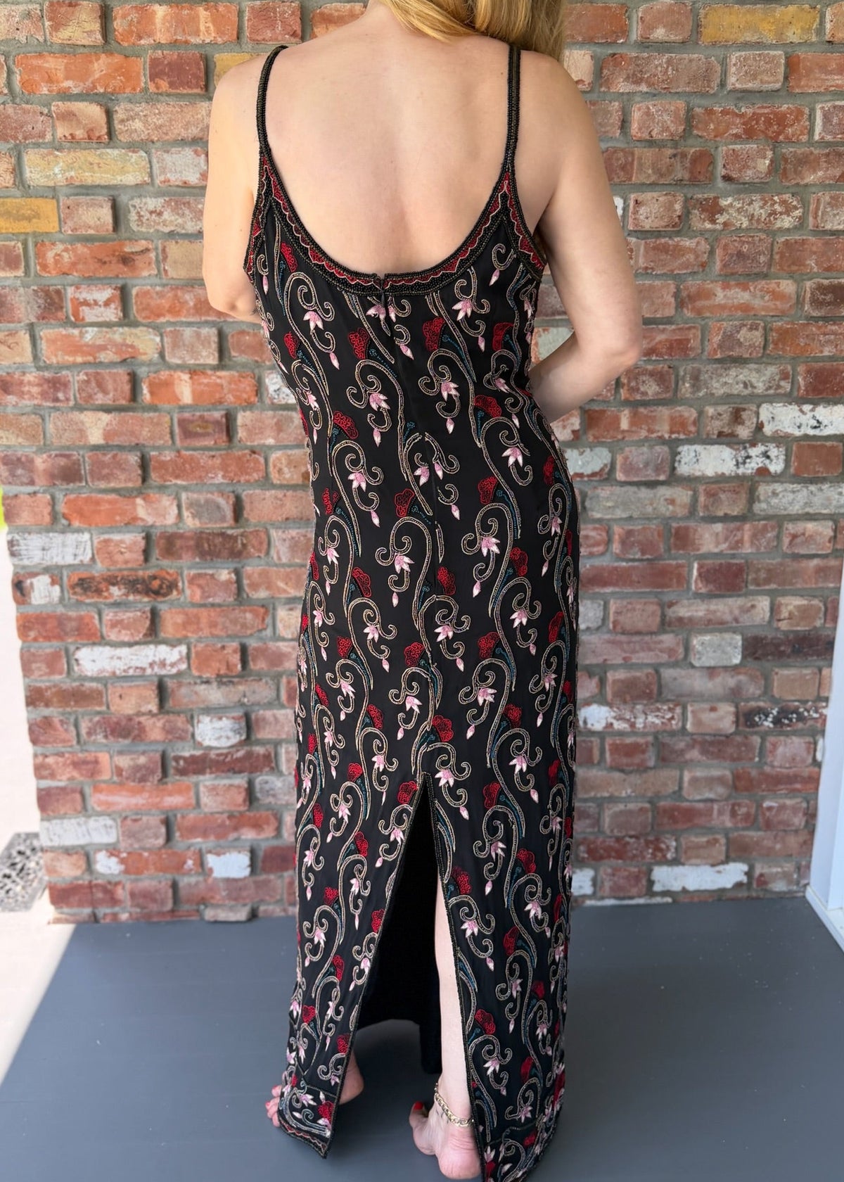 1990s Black Embroidered Floral Beaded Maxi Slip Dress