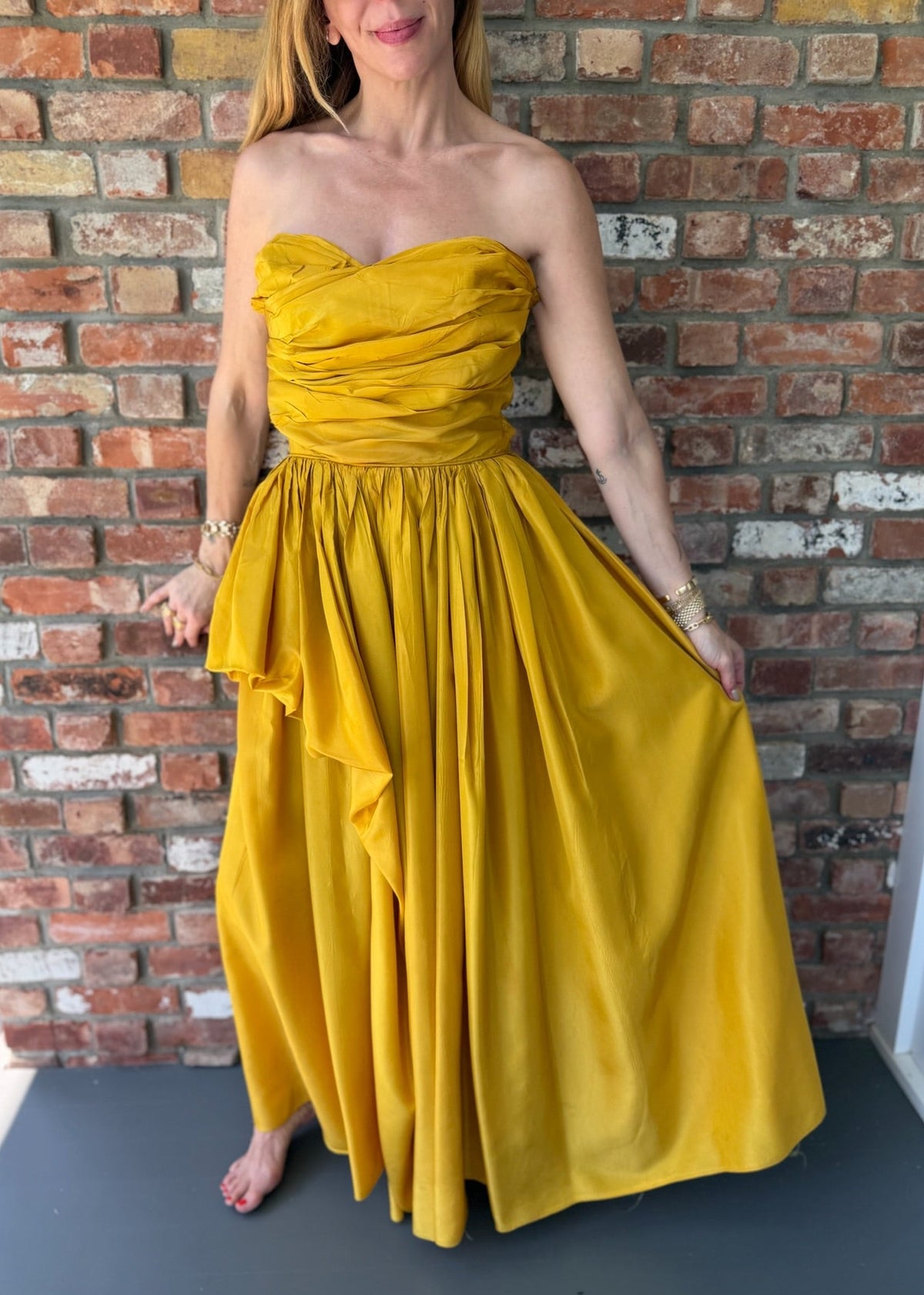 1980s Mustard Yellow Strapless Ruched Taffeta Gown