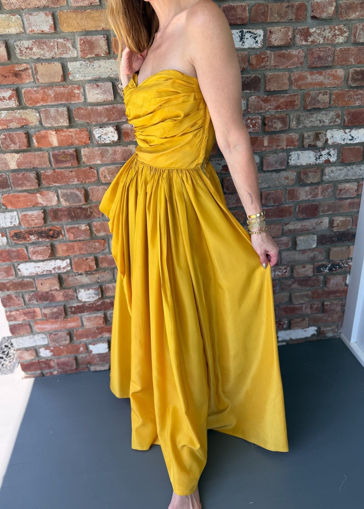 1980s Mustard Yellow Strapless Ruched Taffeta Gown