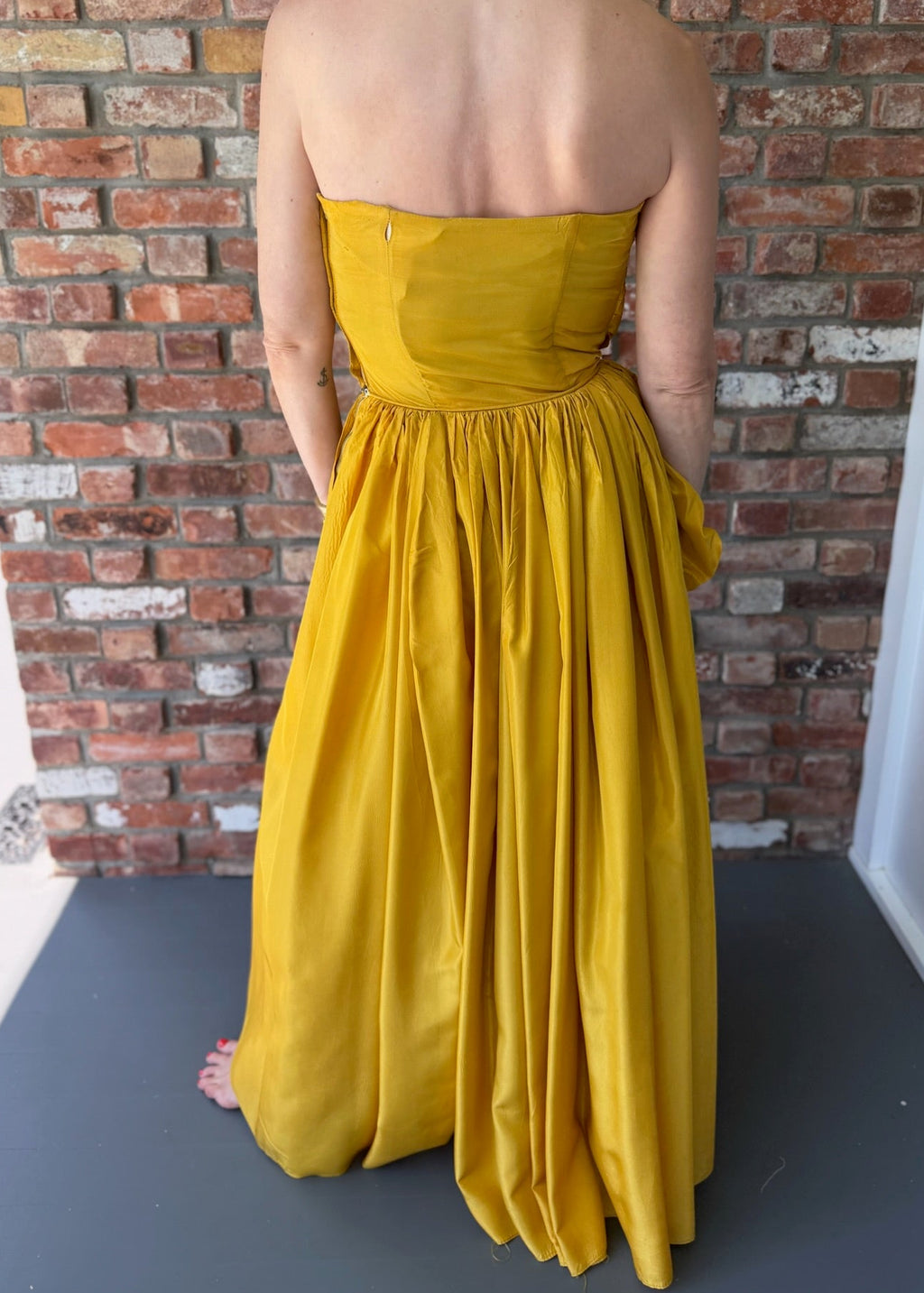 1980s Mustard Yellow Strapless Ruched Taffeta Gown