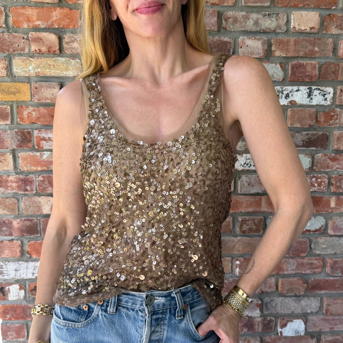2000s Bronze Sequin Mesh Tank Top