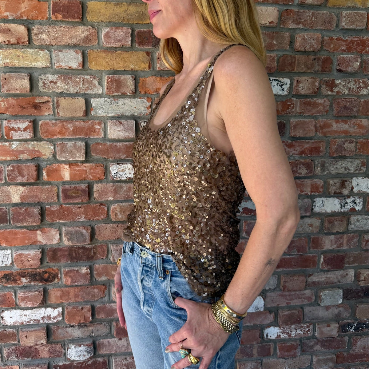 2000s Bronze Sequin Mesh Tank Top