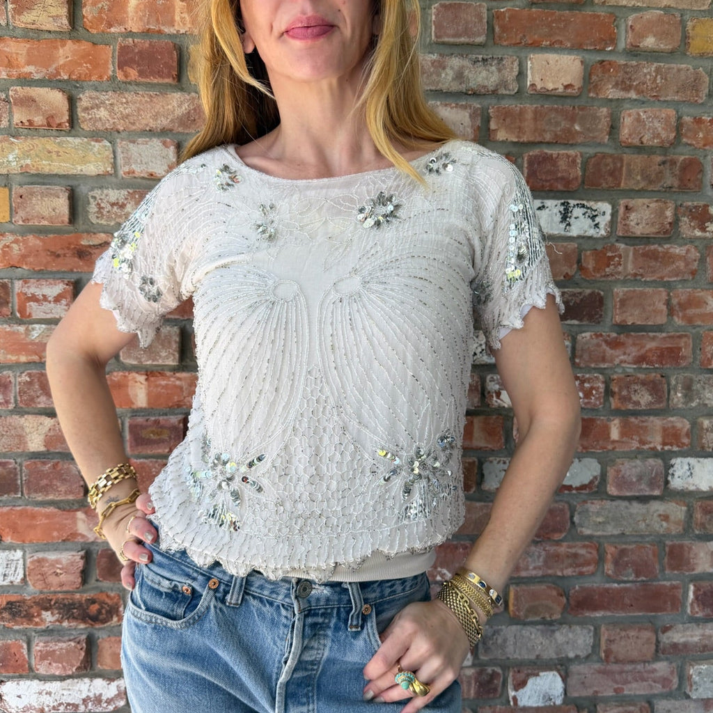 1980s-1990s Ivory Beaded Sequin Evening Top
