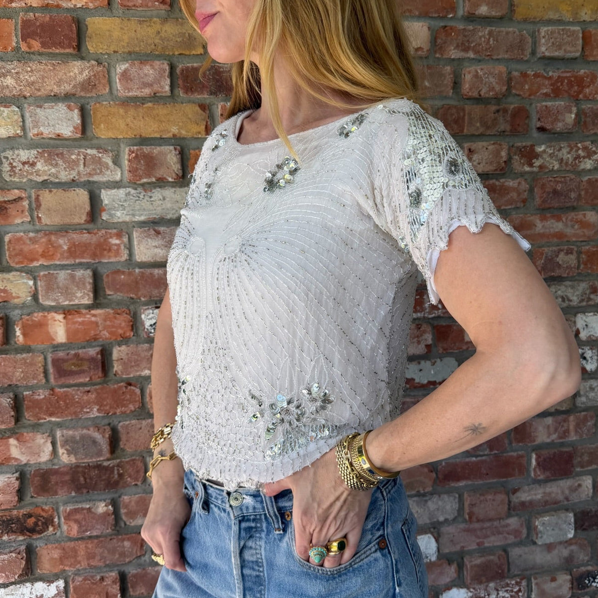 1980s-1990s Ivory Beaded Sequin Evening Top