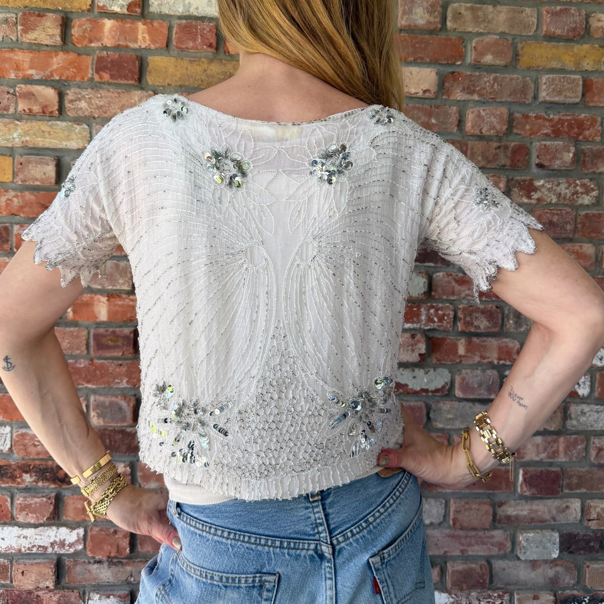 1980s-1990s Ivory Beaded Sequin Evening Top