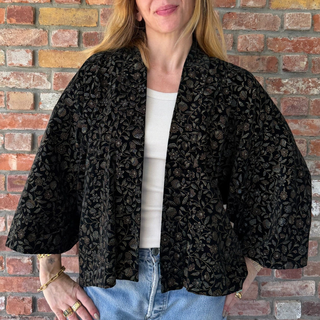1980s Black Floral Brocade/Jacquard Kimono-Style Jacket