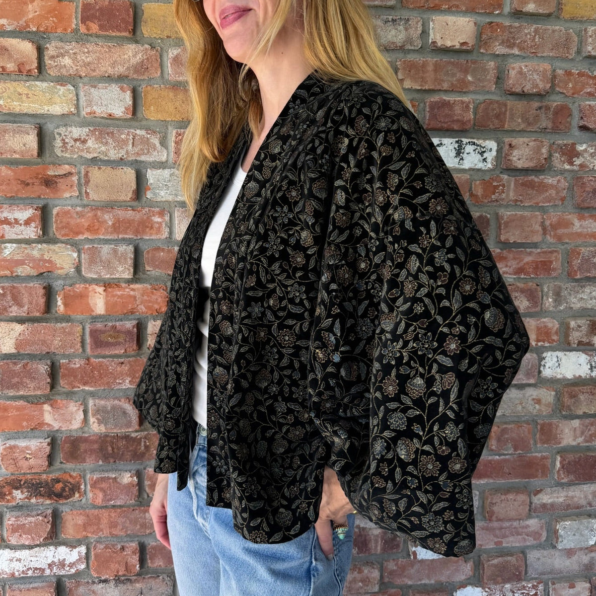 1980s Black Floral Brocade/Jacquard Kimono-Style Jacket