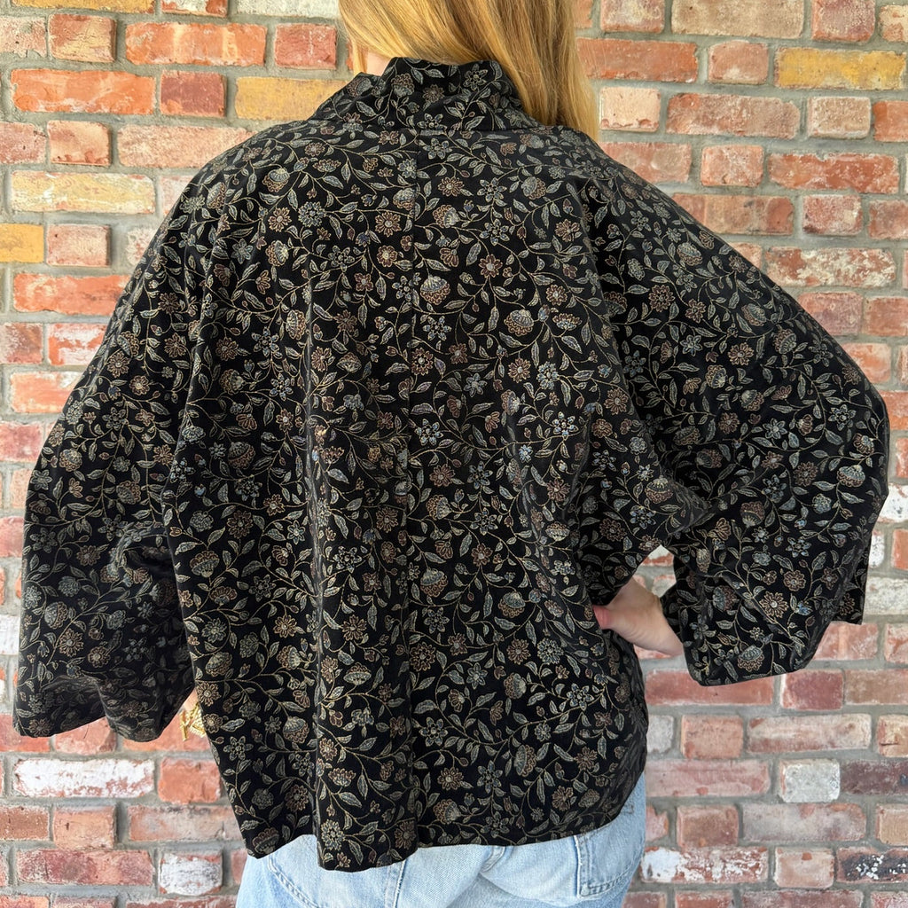 1980s Black Floral Brocade/Jacquard Kimono-Style Jacket