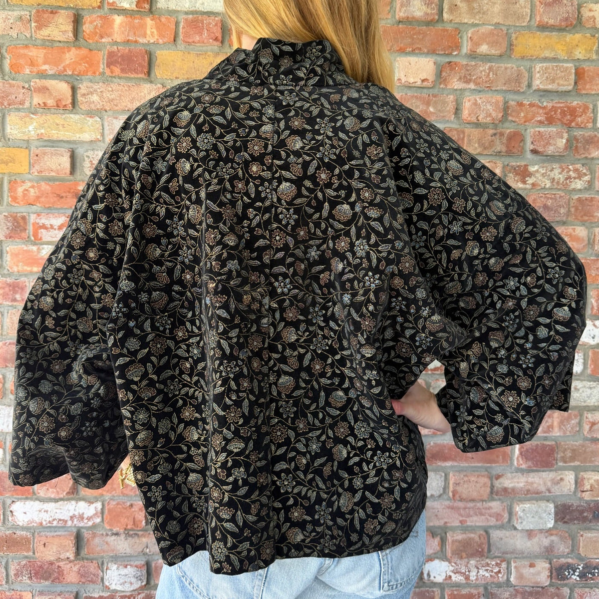 1980s Black Floral Brocade/Jacquard Kimono-Style Jacket