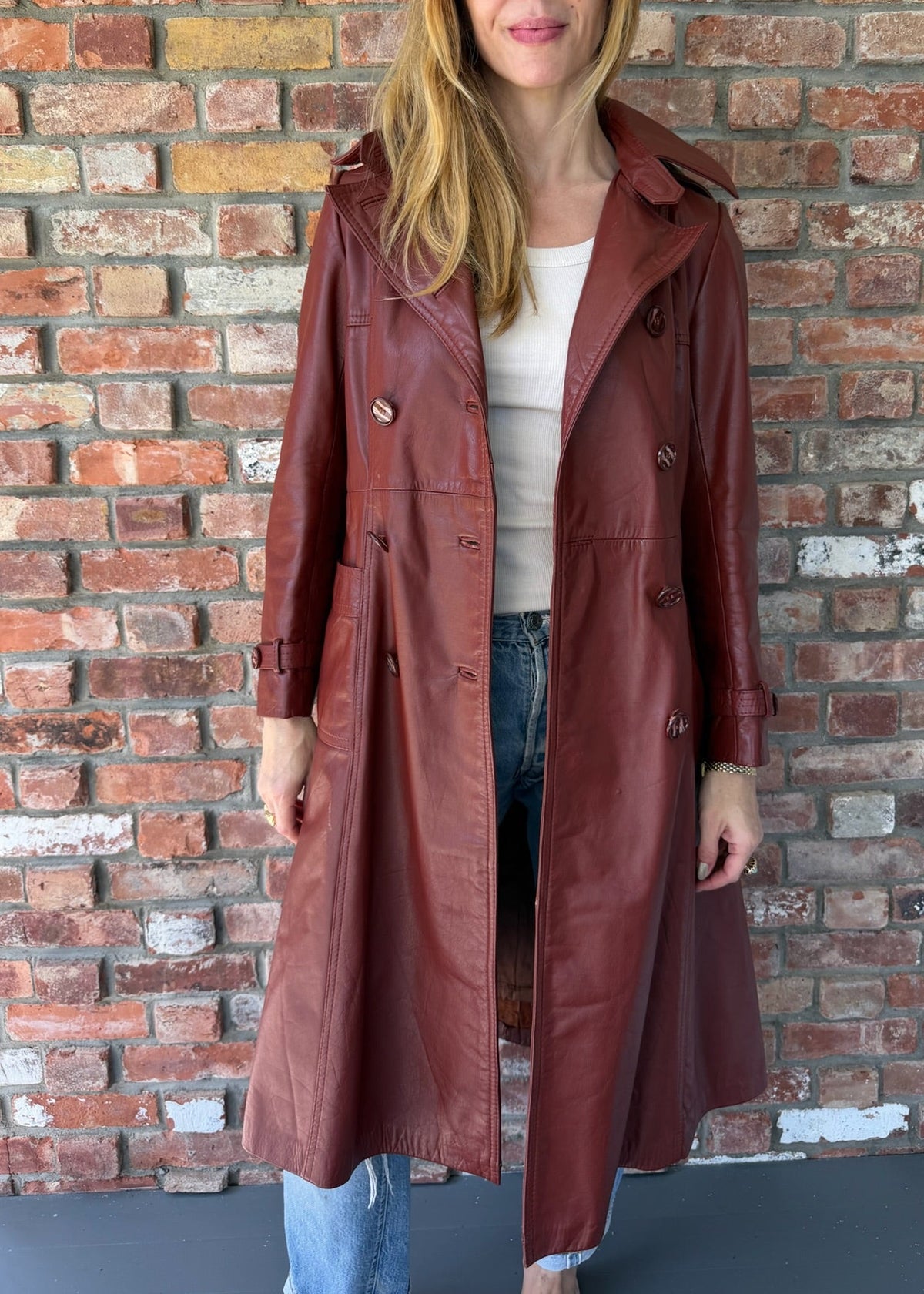 1970s Cognac Leather Trench Coat Belted Double Breasted