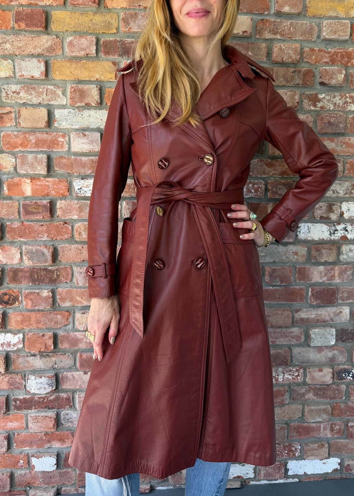 1970s Cognac Leather Trench Coat Belted Double Breasted