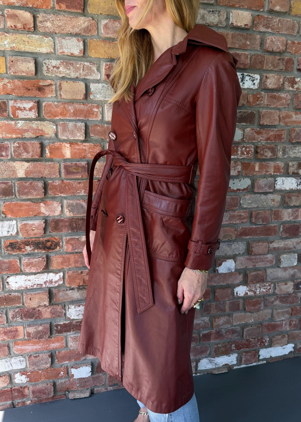 1970s Cognac Leather Trench Coat Belted Double Breasted