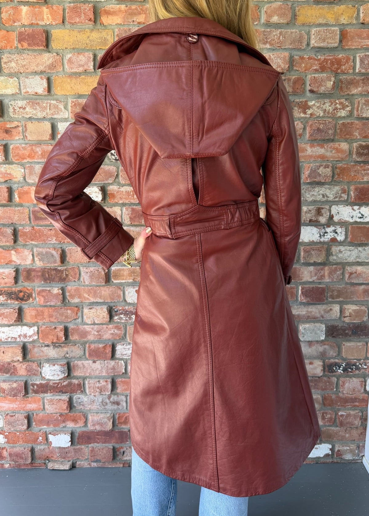 1970s Cognac Leather Trench Coat Belted Double Breasted