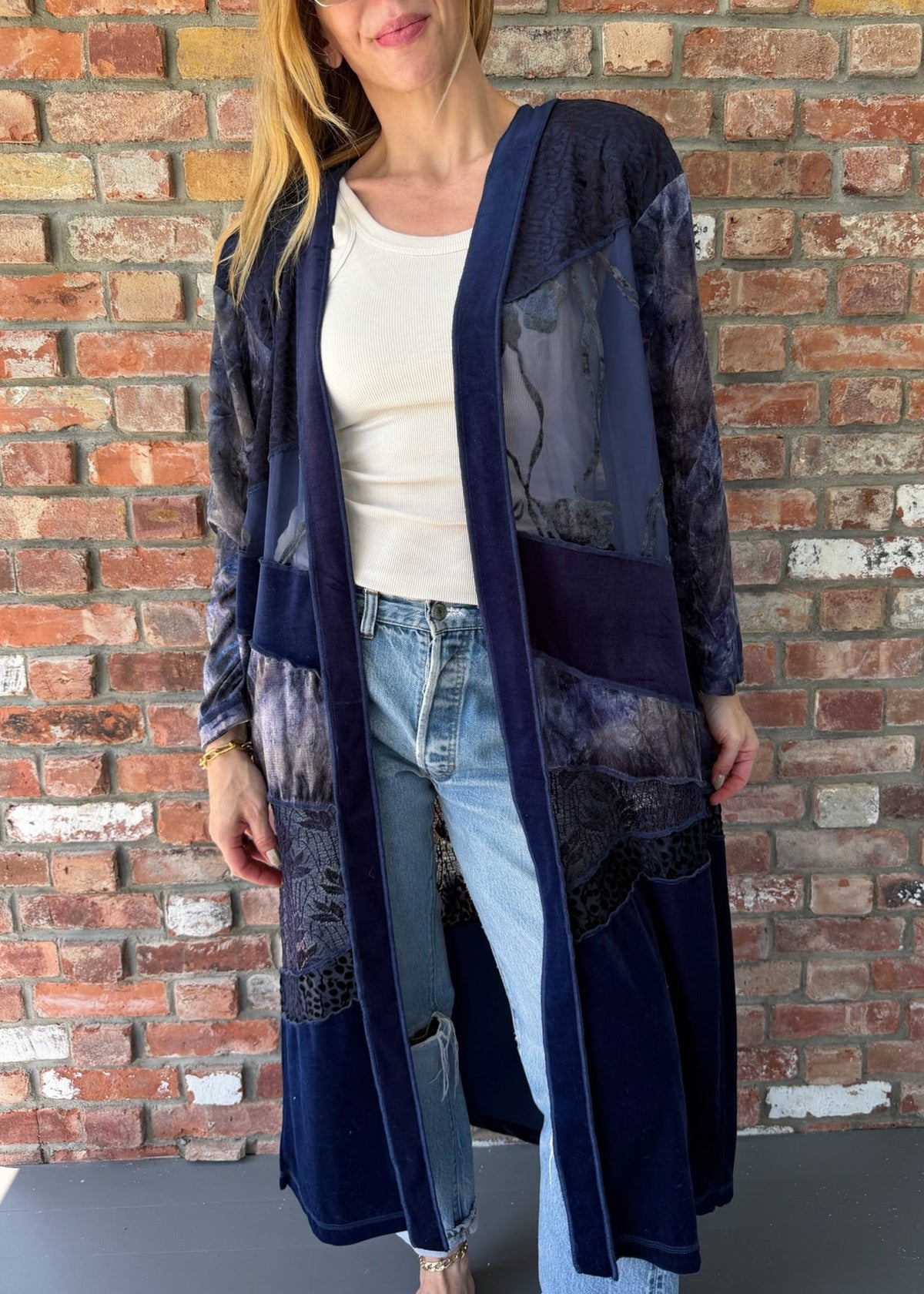 1990s Patchwork Velvet Lace Duster Cardigan