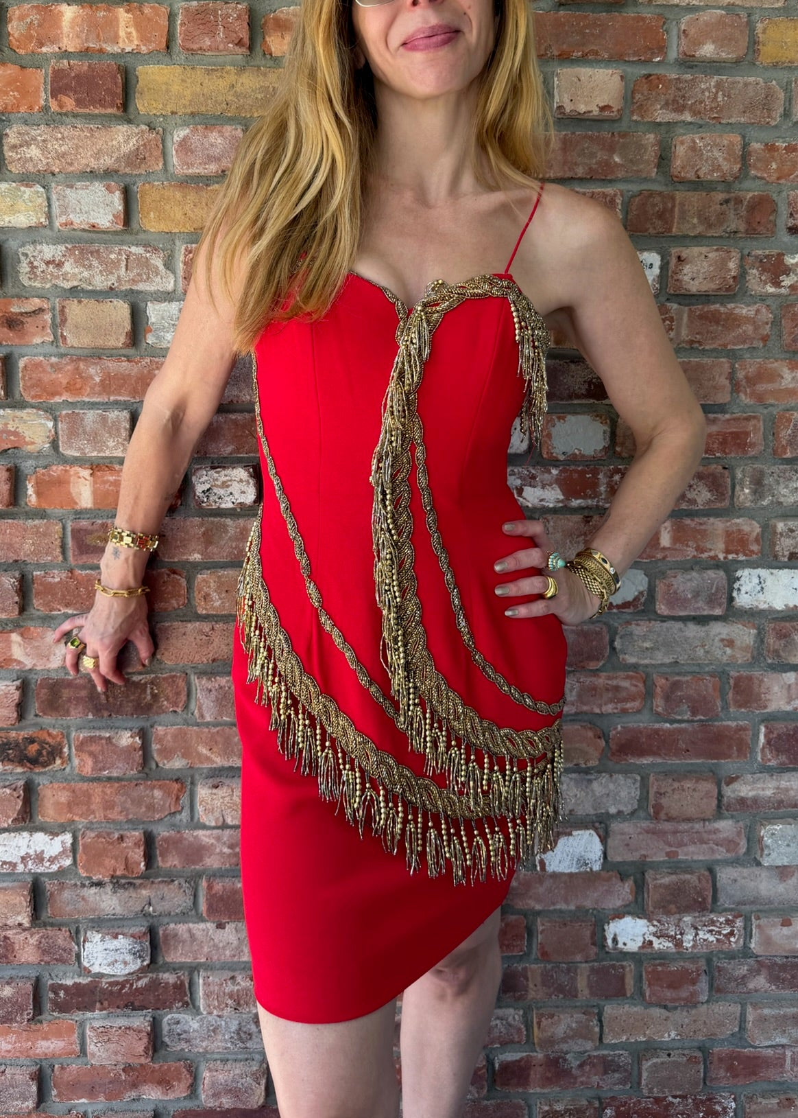 1980s-1990s Red Beaded Fringe Mini Dress