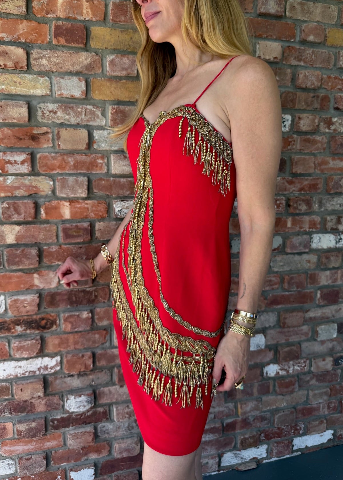 1980s-1990s Red Beaded Fringe Mini Dress