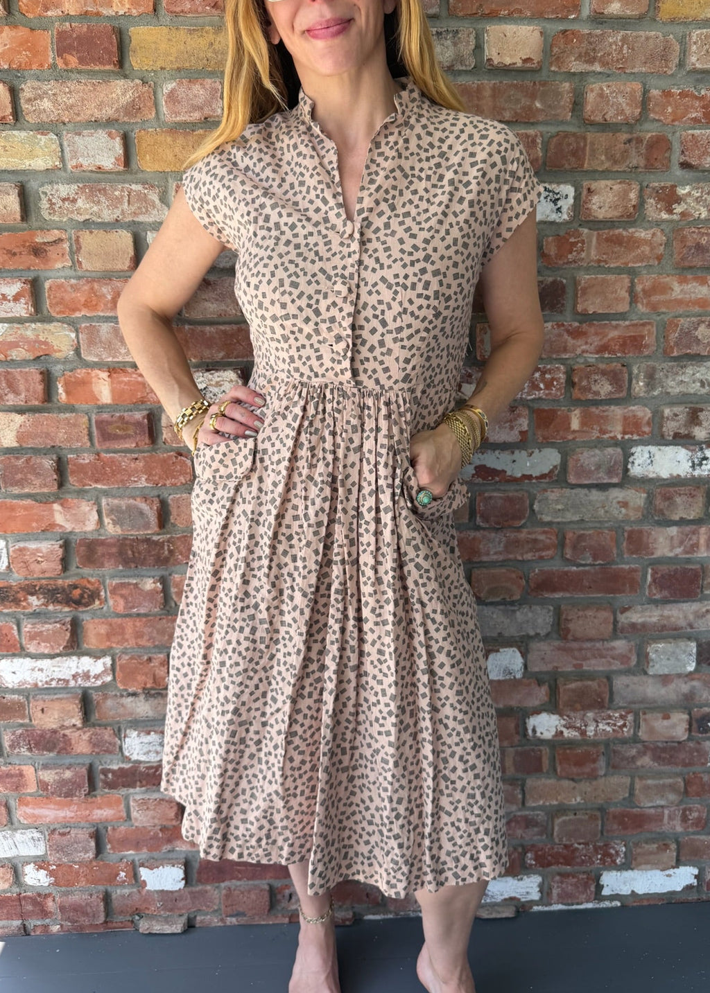 1950s Geometric Print Full Skirt Day Dress